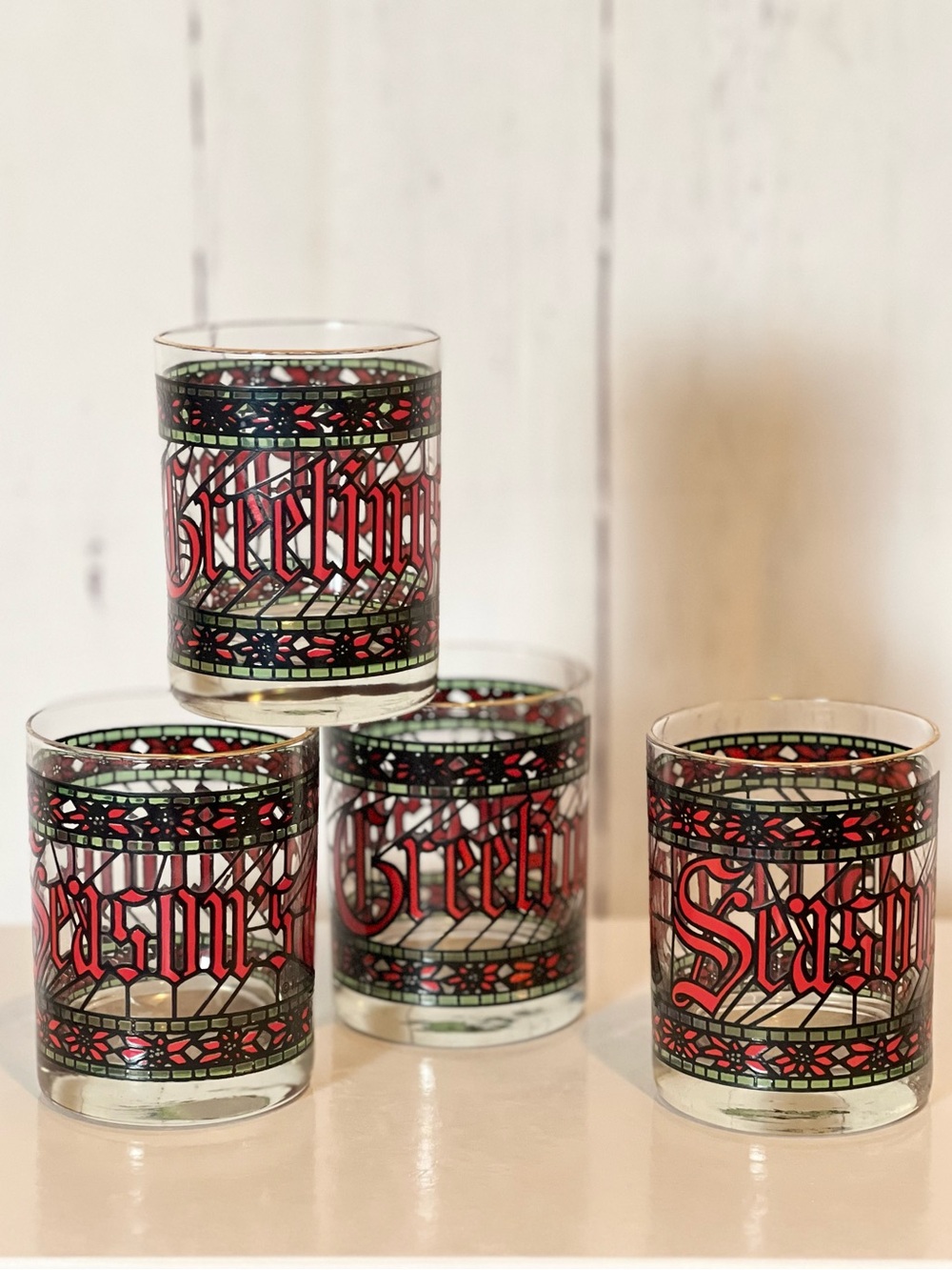 Vintage Houze Stained Glass Style "Seasons Greetings" Lowball Glasses - Set of 4
